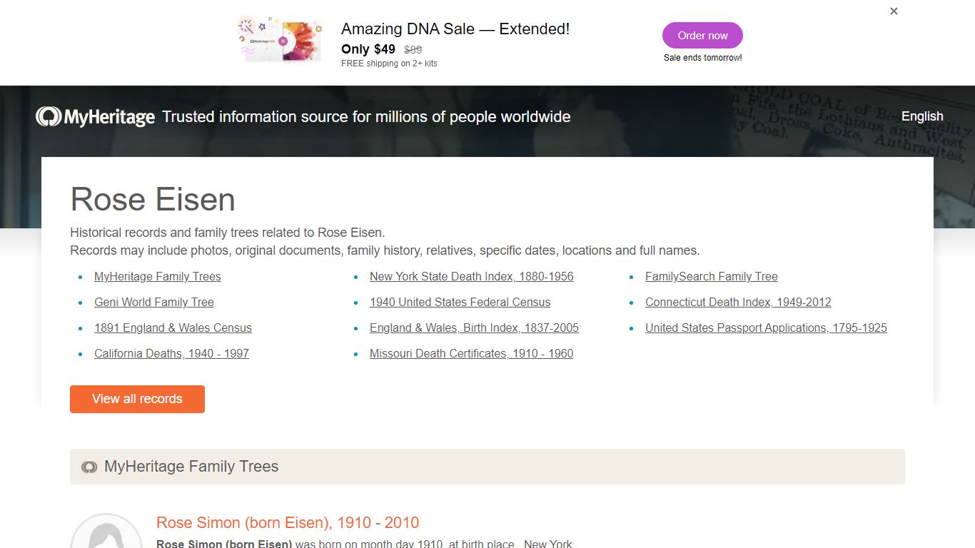 Rose Eisen - Historical records and family trees - MyHeritage